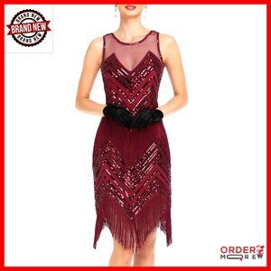 Sequin Beaded Flapper Dress with Fringe, Knee Length, 1920s Gatsby Party
